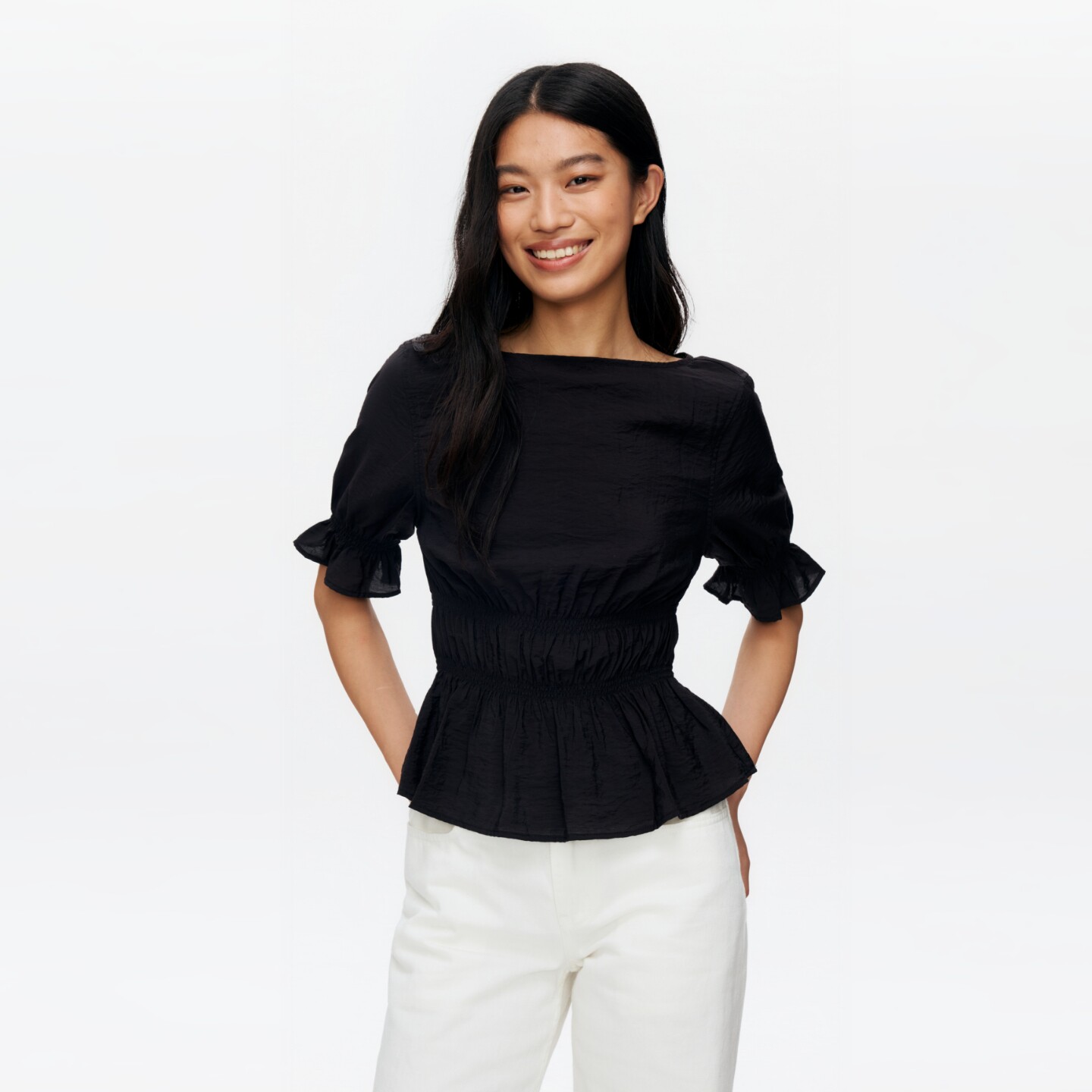 oneup桑蚕丝褶皱系带泡泡袖短袖t恤女夏季收腰修身五分袖通勤上衣