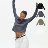 oneup华夫格亨利领长袖 上衣 亨利衫 T恤女春秋小个子修身 内搭打底衫