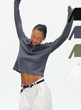 oneup华夫格亨利领长袖T恤女春秋小个子修身内搭打底衫亨利衫上衣