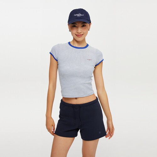 【弹力条纹正肩短袖t恤】