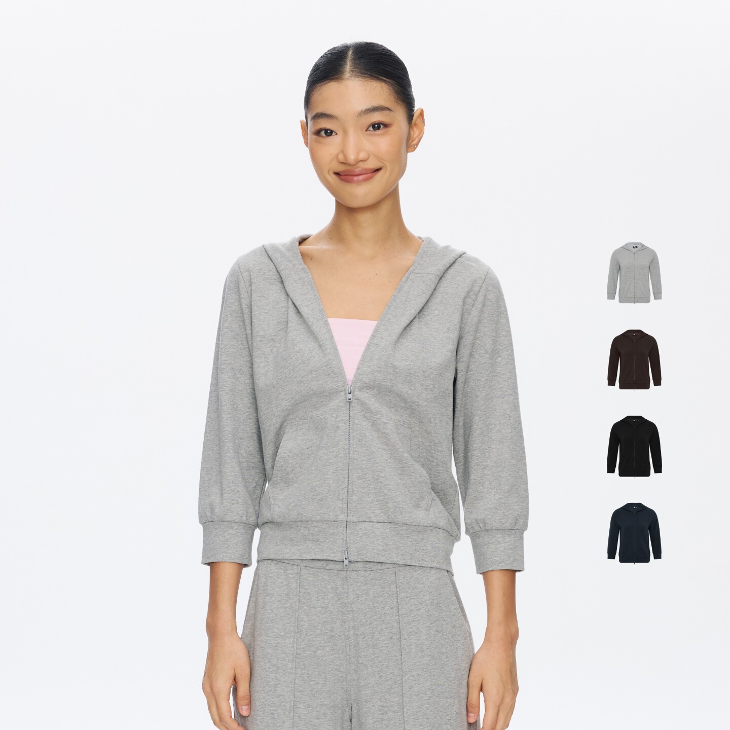 oneup春季薄款七分袖连帽卫衣女宽松拉链开衫健身瑜伽运动外套