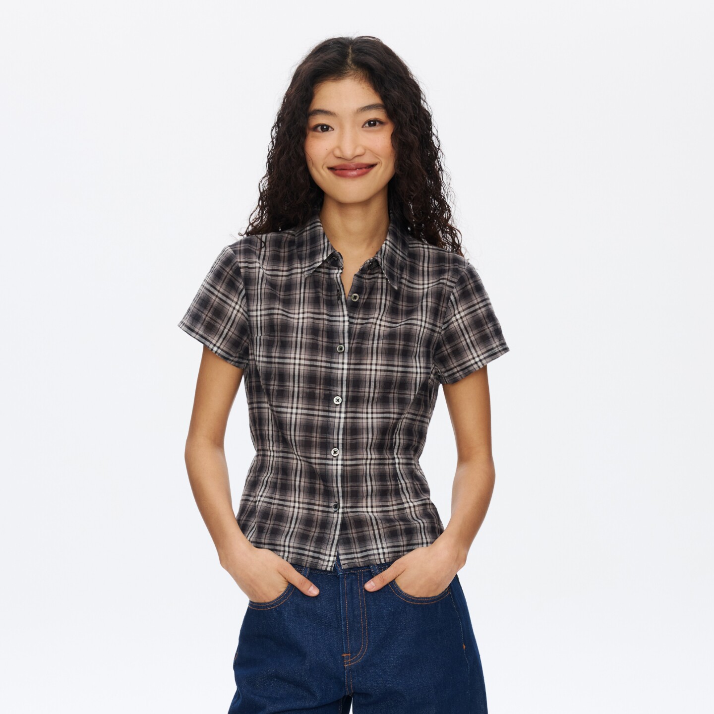 oneup设计感绑带格子短袖衬衫女夏季薄款美式复古修身衬衣外套