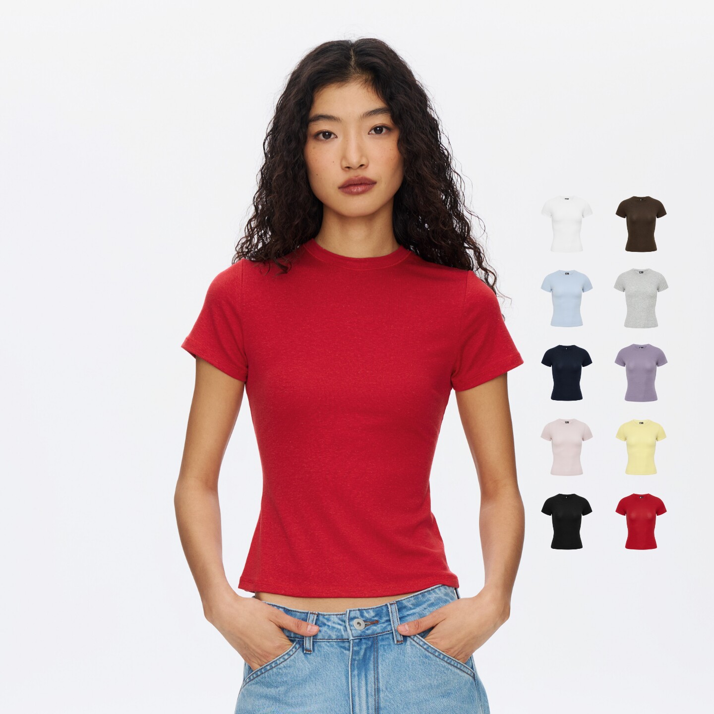 oneup莱赛尔天丝亚麻修身正肩短袖T恤女夏季纯色内搭打底衫上衣