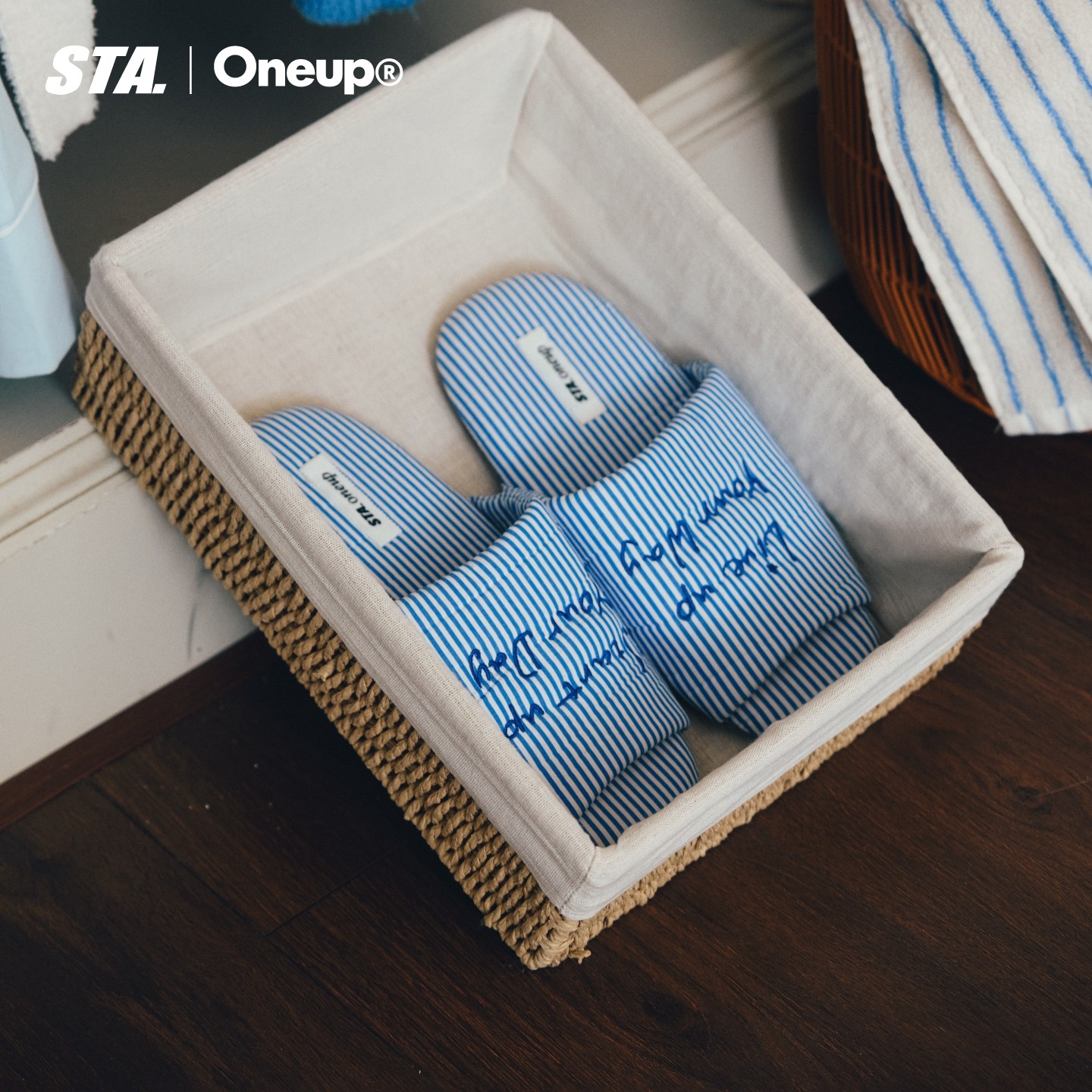 oneup×sta联名STARUP LIFE系列刺绣条纹一字拖平底室内家居拖鞋,女鞋,一字拖,淘宝优惠券,粉丝福利购,淘宝优惠卷