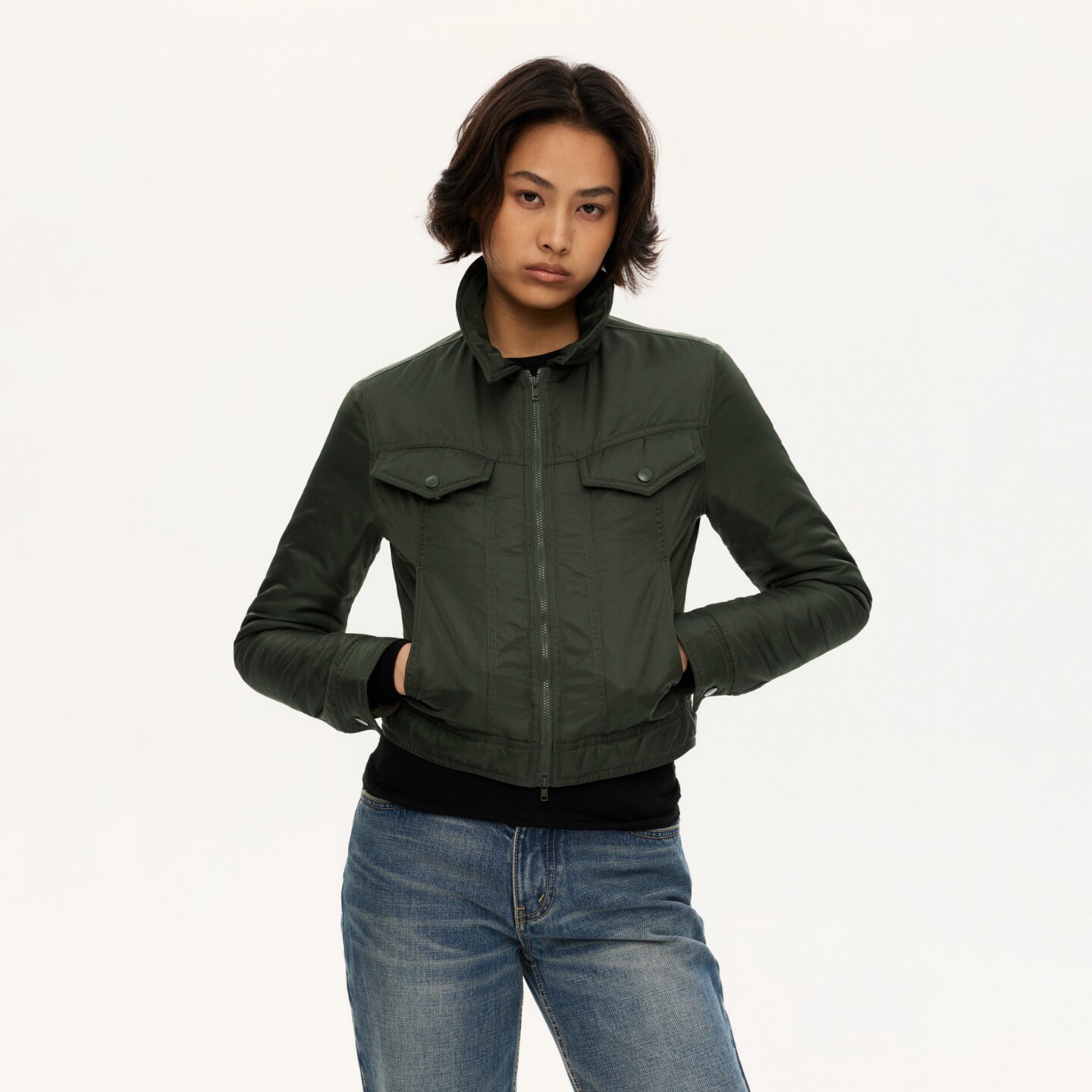 oneup美式复古军绿色工装外套短款棉服女秋冬季修身显瘦翻领棉衣