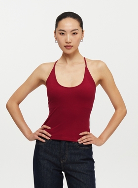 oneup可拆卸带胸垫弹力红色吊带挂脖背心女夏外穿运动健身瑜伽服