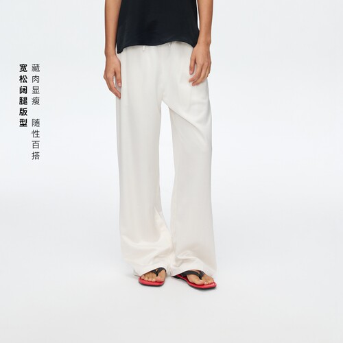 松弛感亚麻缎面白色休闲裤