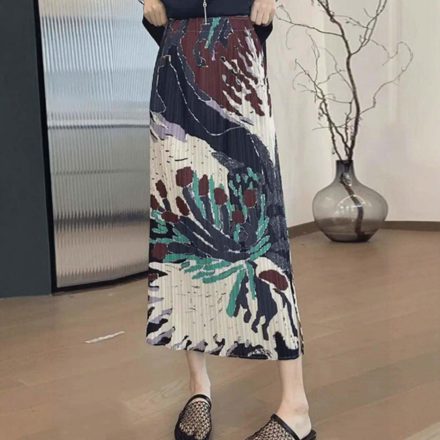 2026夏季新款显瘦松紧腰印花百褶小个子开叉三宅直筒一步半身裙女