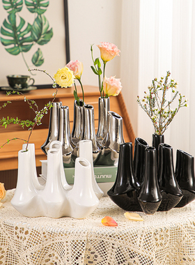 现代创意手工陶瓷抽象花器民宿样板间饰品摆件客厅玄关多口花瓶