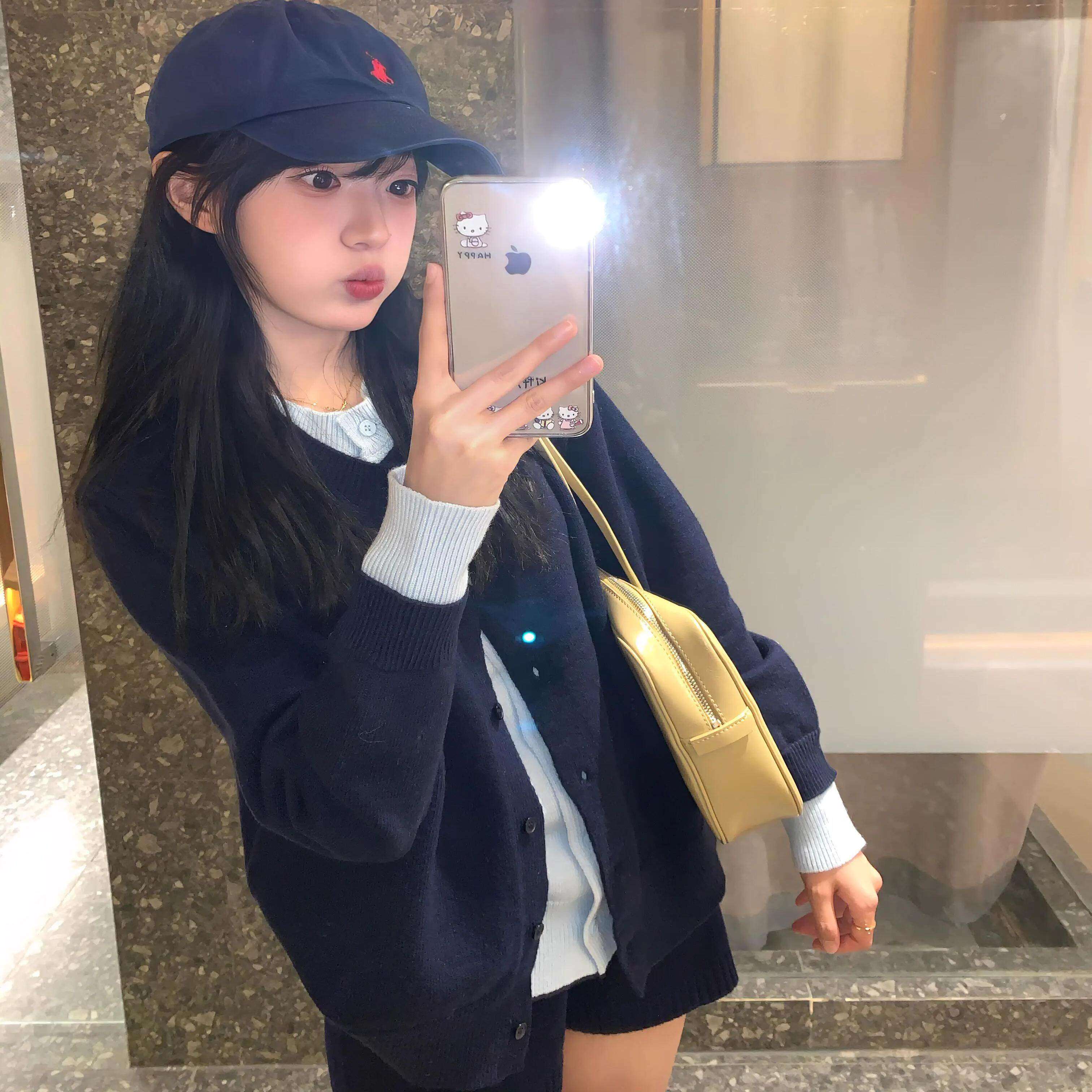 假两件藏蓝色针织开衫毛衣女春秋新款韩系慵懒松弛感外套短款上衣