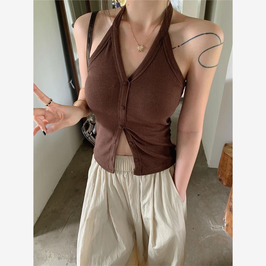 纯欲甜妹纯色设计感V领挂脖背心女夏季修身短款百搭带胸垫上衣女