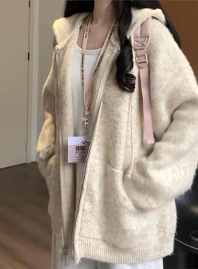 慵懒感软糯连帽针织卫衣开衫女秋冬松弛感外搭宽松韩系毛衣外套潮