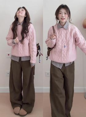 日系圆领宽松麻花毛衣女秋冬温柔软糯加厚套头内搭上衣百搭高级感