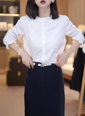 大码时尚百搭荷叶边白色衬衫女秋季2025新款胖mm显瘦气质宽松上衣