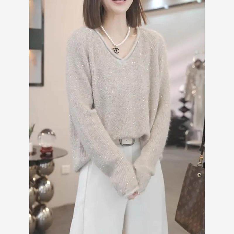 高级感细闪V领毛衣女秋冬2025新款大码胖MM设计感长袖针织衫上衣