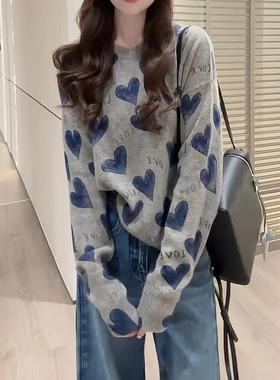 慵懒宽松长袖针织衫毛衣女2025秋季大码胖MM显瘦减龄爱心字母上衣