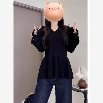 法式设计感V领长袖上衣女