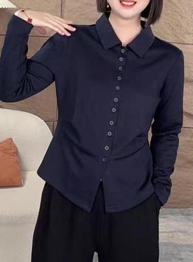 大码女装气质翻领设计感捏褶衬衫秋季微胖mm减龄百搭显瘦长袖衬衣