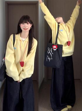 韩系氛围感黄色Polo领长袖针织衫女早秋2025新款慵懒宽松休闲上衣