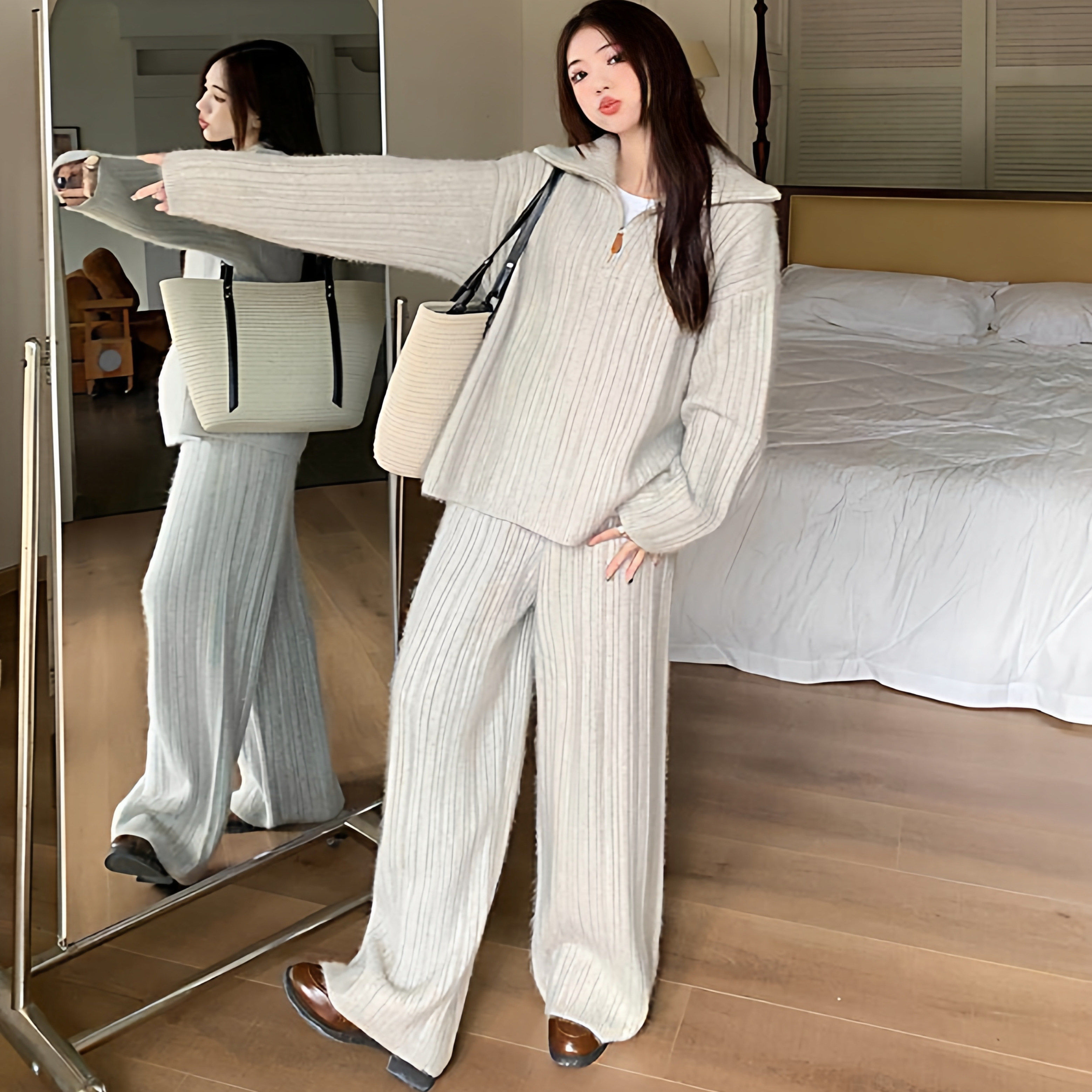 慵懒风针织衫套装女秋冬新款韩系休闲百搭针织毛衣长裤子两件式套