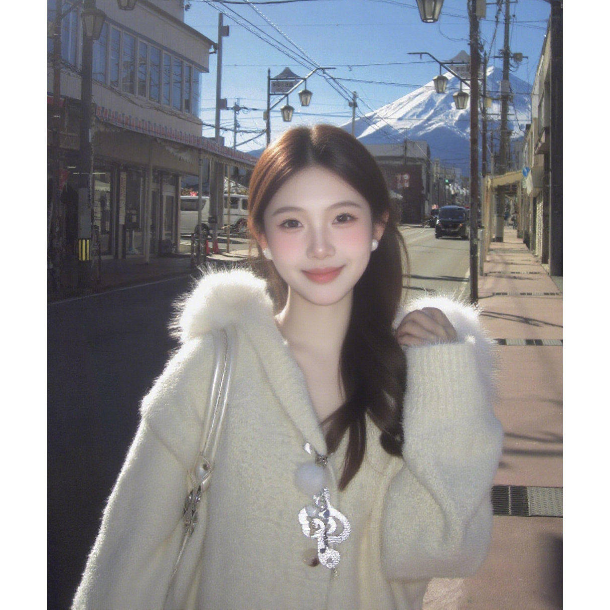 软糯奶fufu白色毛领水貂绒毛衣外套女秋冬慵懒高级感连帽针织开衫