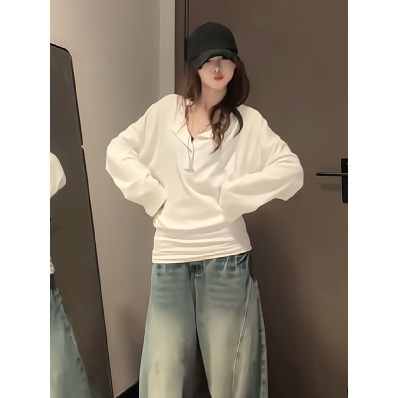 大码慵懒风宽松v领排扣蝙蝠袖上衣女春夏季高级感修身显瘦长袖T恤