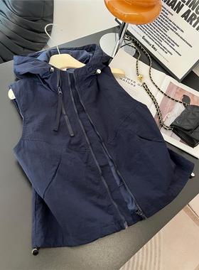 韩系时尚连帽工装无袖马甲女士秋季大码胖MM百搭宽松坎肩开衫外套