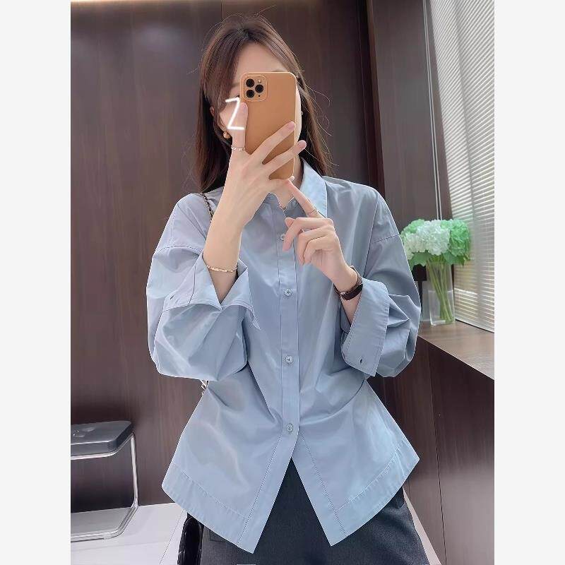 大码微胖MM简约风蓝色收腰捏褶Polo领衬衫女早秋显瘦百搭长袖上衣
