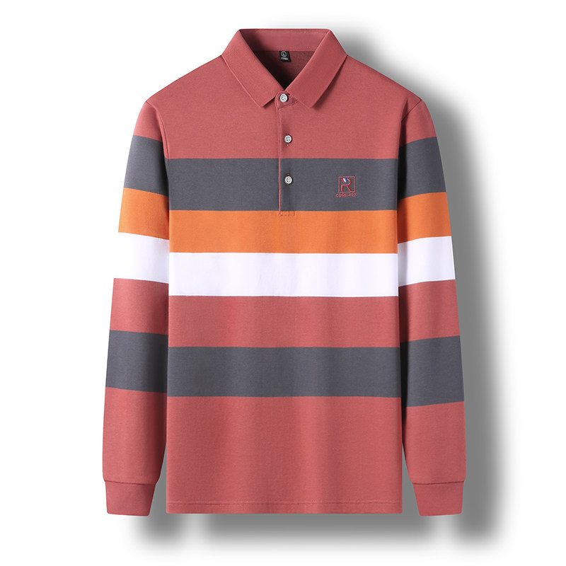 花雨伞春秋季商务休闲男士长袖t恤翻领条纹polo衫体恤中青年上衣