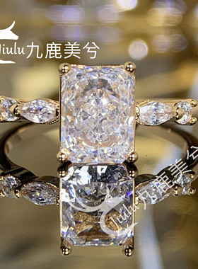 高级闭口冰花切钻戒2克拉雷迪恩白钻18K金戒指镶嵌6*8培育高碳钻