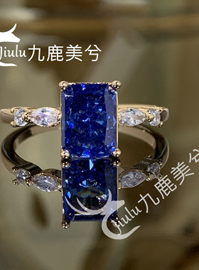 高级闭口冰花切钻戒2克拉雷迪恩皇家蓝18K金戒指镶6*8培育高碳钻