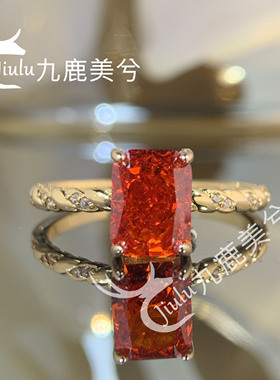 培育冰花切2克拉雷迪恩中国红戒指厚镀18K金镶嵌6*8长方钻戒彩宝