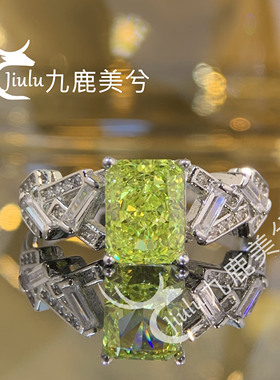 培育冰花切镶嵌苹果绿2克拉戒指精工厚镀18K金不掉色6*8长方钻戒