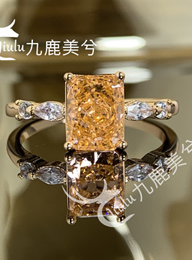高级闭口冰花切钻戒2克拉雷迪恩日落色18K金戒指镶6*8培育高碳钻