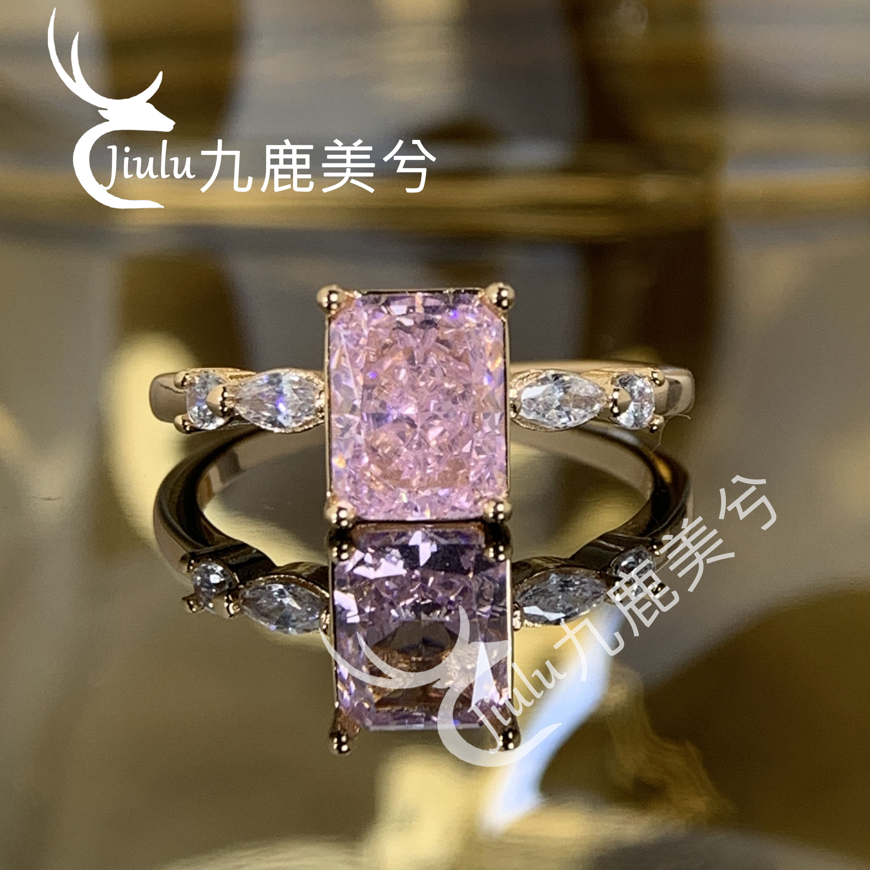 高级闭口冰花切钻戒2克拉雷迪恩樱花粉18K金戒指镶6*8培育高碳钻