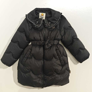 小黄鸭淑女风黑色中长款羽绒服女收腰显瘦镶钻翻领外套