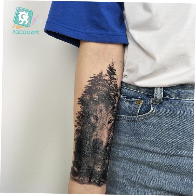 Rocooart Large Tattoo Sticker Wolf In Trees Fake Tattoo
