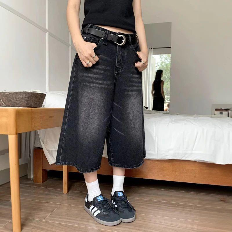 Women Black Y2k Style Baggy Denim Shorts Wide Leg Short Pant