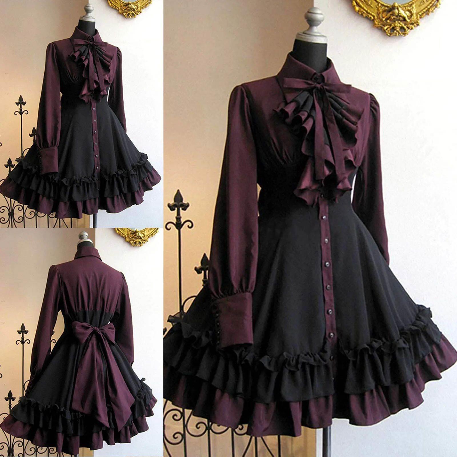Women Vintage Palace Lolita Dress Bow Collar High Waist Vict