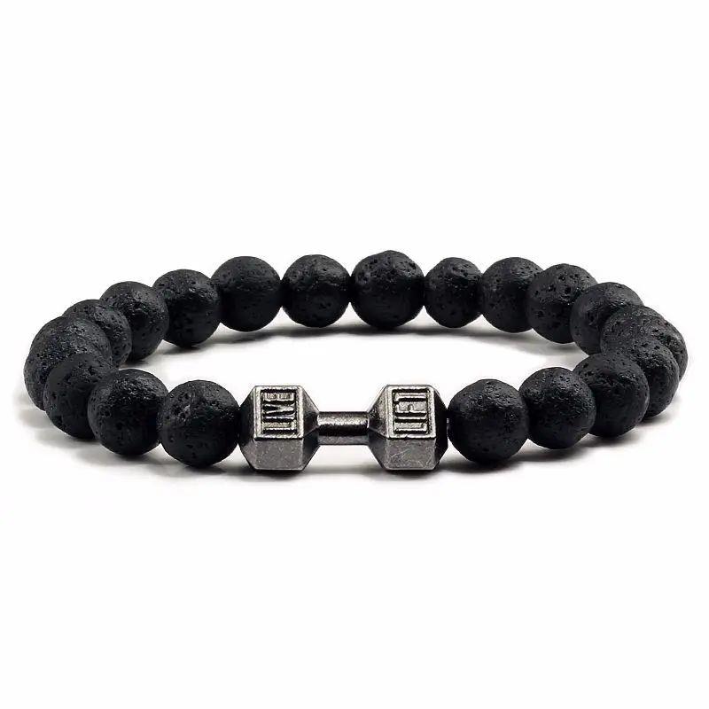 High Quality Men Beaded Bracelet Natural Black Lava Stone Du