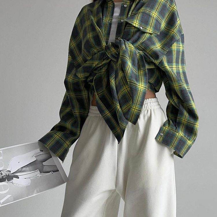 欧美覆古翻领宽松衬衣格纹长袖口袋衬衫 Lapel loose plaid shirt