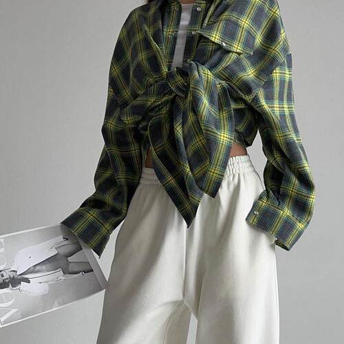 欧美覆古翻领宽松衬衣格纹长袖口袋衬衫 Lapel loose plaid shirt
