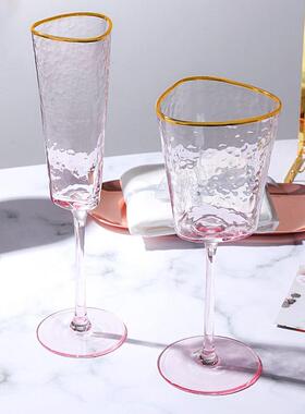 创意锤目纹描金边粉色灰色水晶玻璃红酒杯样板间香槟杯欧式高脚杯