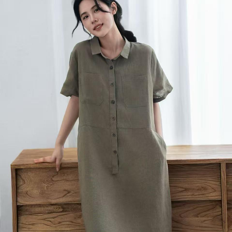 26夏款连衣裙女纯亚麻衬衫领大口袋中长款裙子宽松休闲学院风裙子