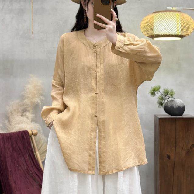 苎麻小清新长袖衬衫女2026夏季纯色套头衫宽松薄款透气圆领上衣