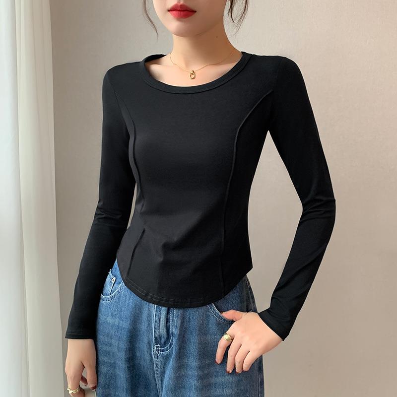 黑色U领长袖T恤女2024新款内搭修身显瘦纯色百搭弧形下摆打底上衣