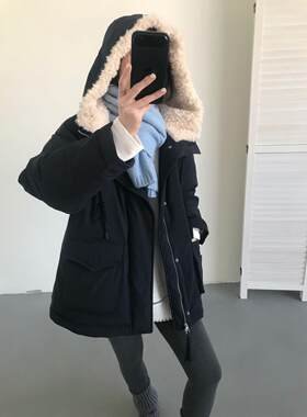 韩系高级感暖冬保存中长款派克服羽绒服女羊羔毛连帽羽绒棉服ZGC