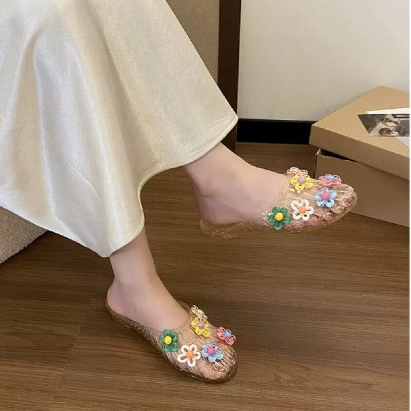 半包拖鞋女外穿高级感透明鞋花朵果冻鞋软底凉拖鞋包头外穿女鞋