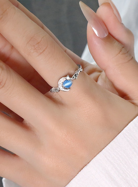 蓝眼泪戒指送女友告白星月食指戒子浅蓝色猫眼石星星月亮锆石指环
