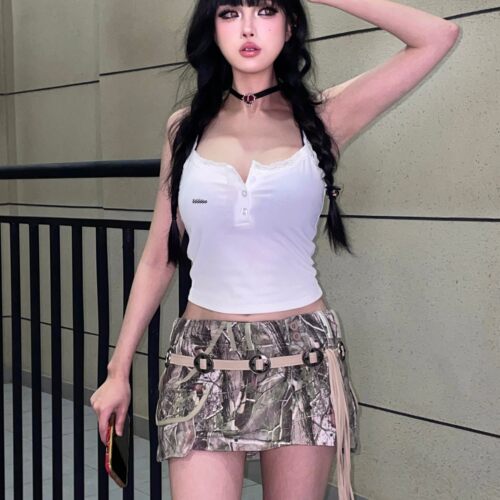 做旧树枝印花迷你抽绳半身裙